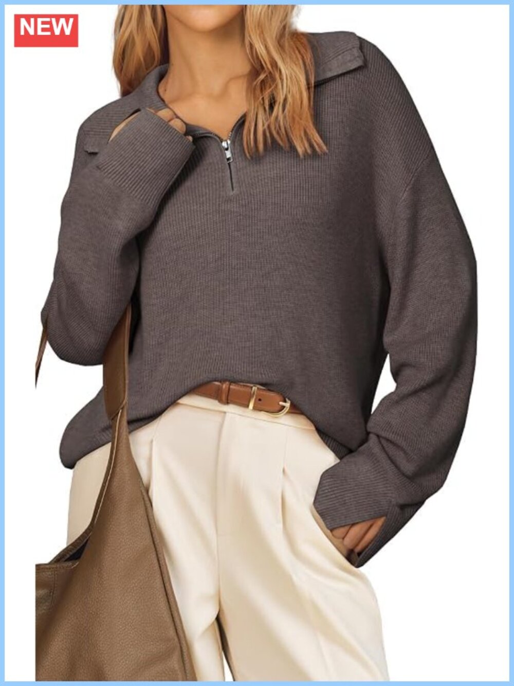Wool Blend Oversized Quarter Zip Sweater with Lapel Collar